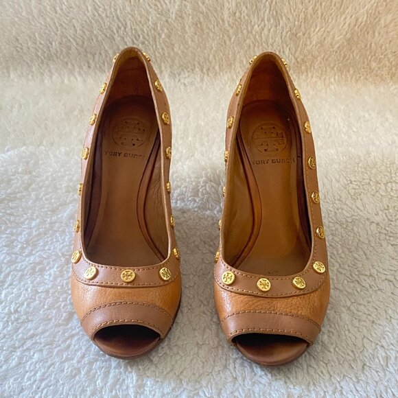 Tory Burch Royal Tan Leather Wedge Peep-Toe Sandals – Women’s 6.5 - Picture 2 of 16